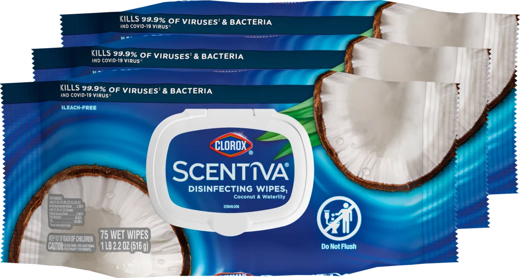 Paquete plano de toallitas Clorox en aroma Scentiva de coco con mitades de coco ondulando en el agua impresas en el paquete.