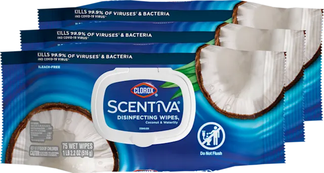 Paquete plano de toallitas Clorox en aroma Scentiva de coco con mitades de coco ondulando en el agua impresas en el paquete.