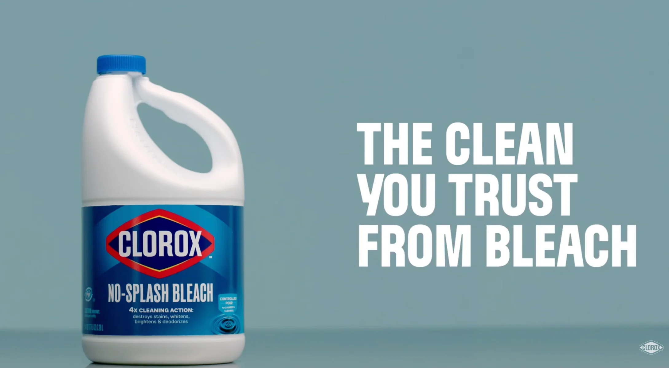 Bottle of Clorox No-Splash Bleach with caption "The Clean You Trust from Bleach"