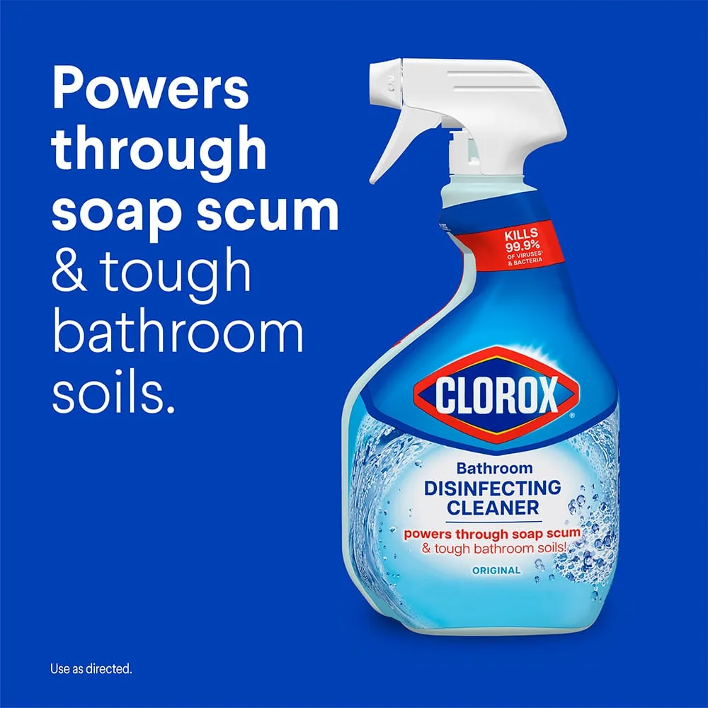 Bottle of Clorox Disinfecting Bathroom Cleaner on blue background, with text: powers through soap scum and tough bathroom soils.