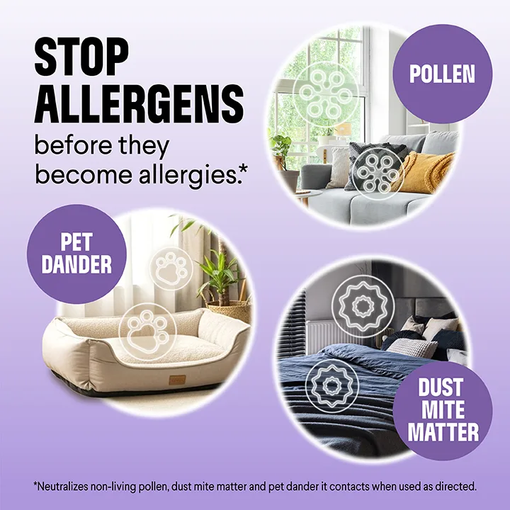 Stop allergens before they become allergies: images of a dog bed, dust mites and pollen
