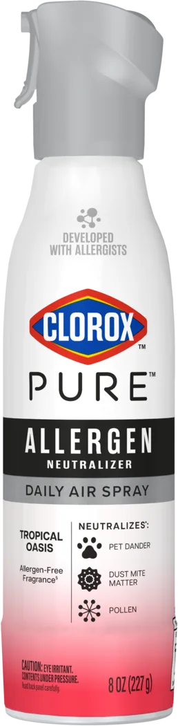 A spray can of Clorox PURE Allergen Neutralizer Daily Air Spray Tropical Oasis scent