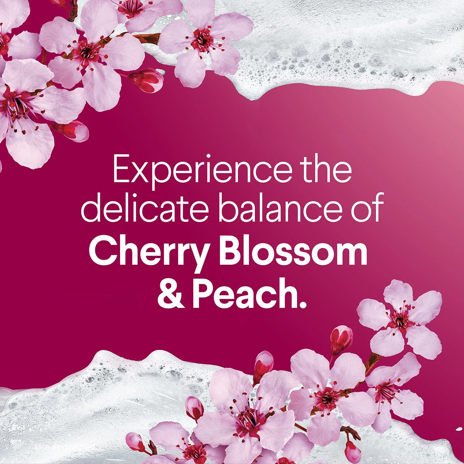 Las palabras "Experimenta el delicado equilibrio de la flor de cerezo y el durazno", sobre un fondo de flores de cerezo