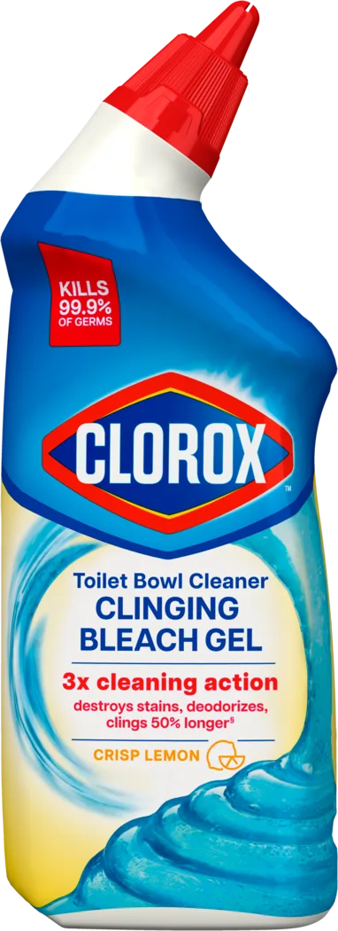 Squirt bottle of Clorox toilet bowl cleaner, clinging bleach gel, crisp lemon scent.