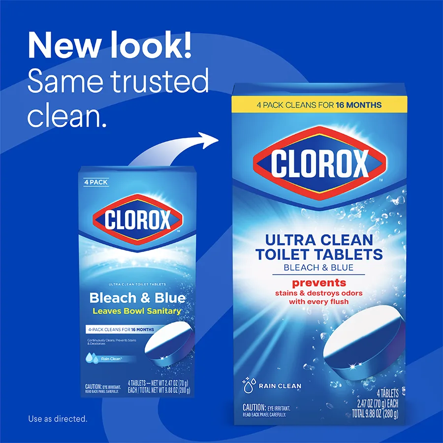 New look! Same trusted clean. Shows old packaging and new packaging for automatic toilet cleaner