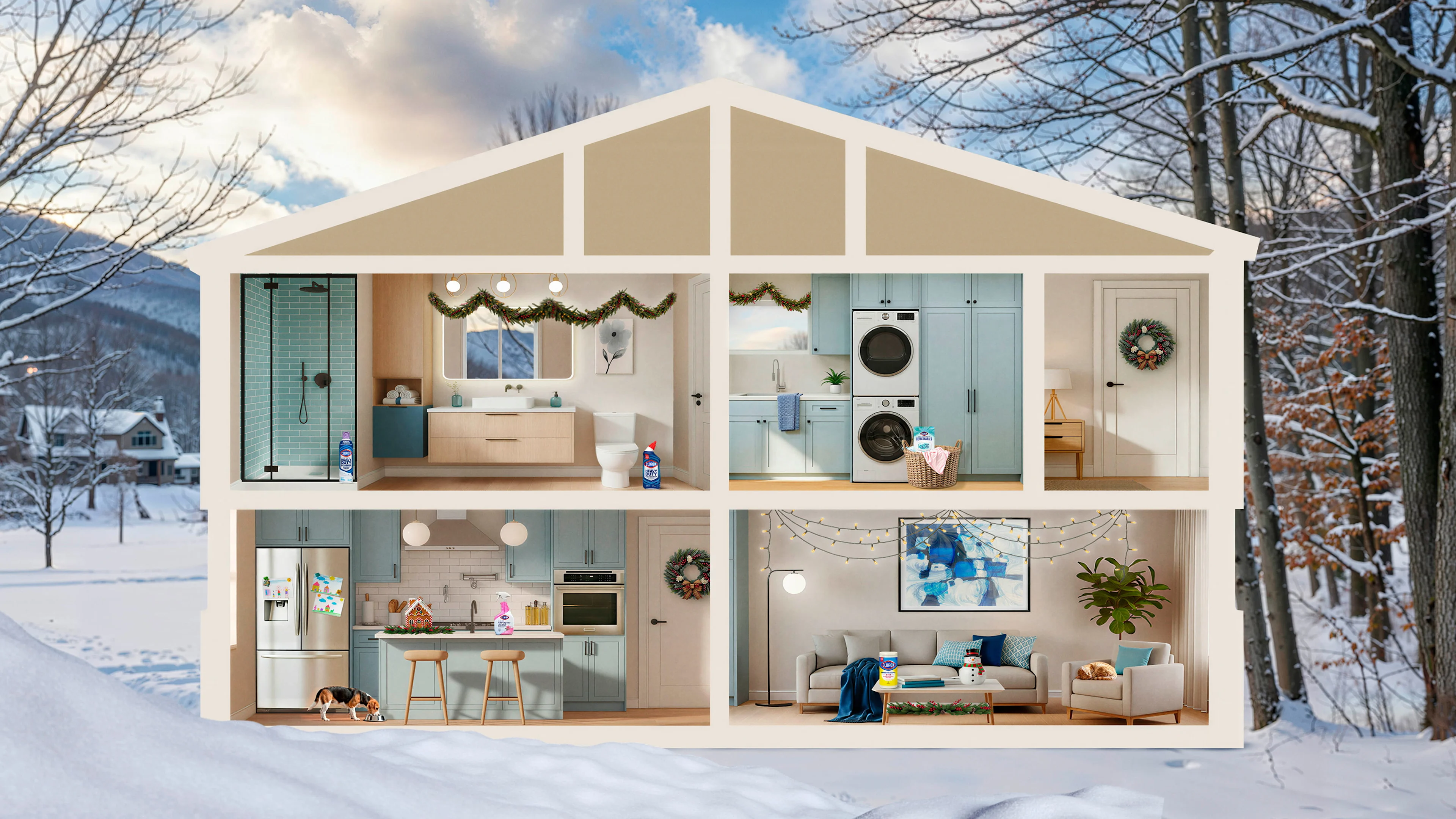 Cross-section of a house showing various rooms, such as a laundry room, bedroom, bathroom and kitchen
