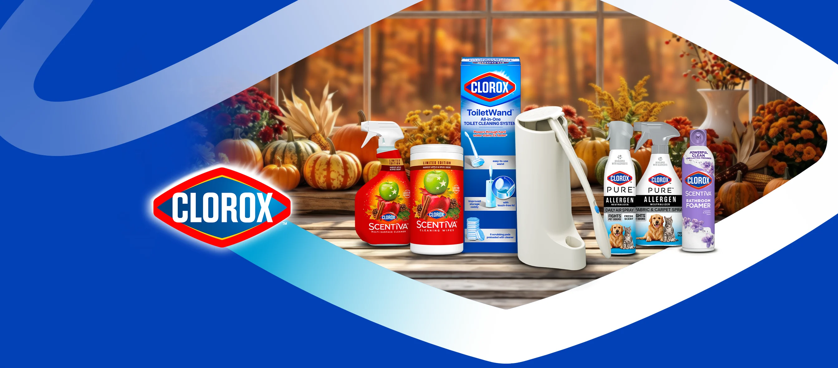 Clorox lineup with Scentiva fall scents spray & wipes, ToiletWand system and Allergen Neutralizer in autumn setting with pumpkins.