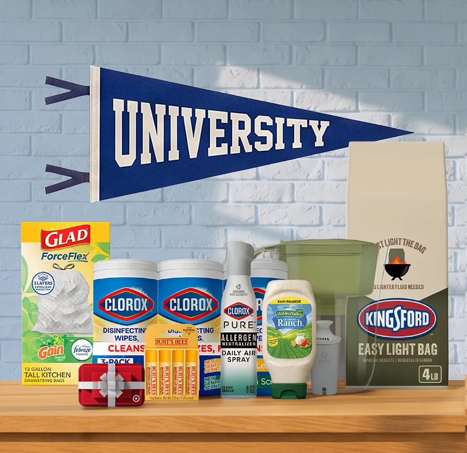 Clorox Disinfecting Wipes, PURE Air Spray, Glad ForceFlex, Brita pitcher, Kingsford, Hidden Valley Ranch, Burt's Bees and a Target Gift Card under a University pennant.