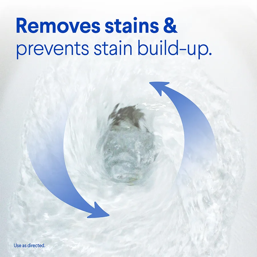 Removes stains and prevents stain build-up: swirling water in a toilet bowl