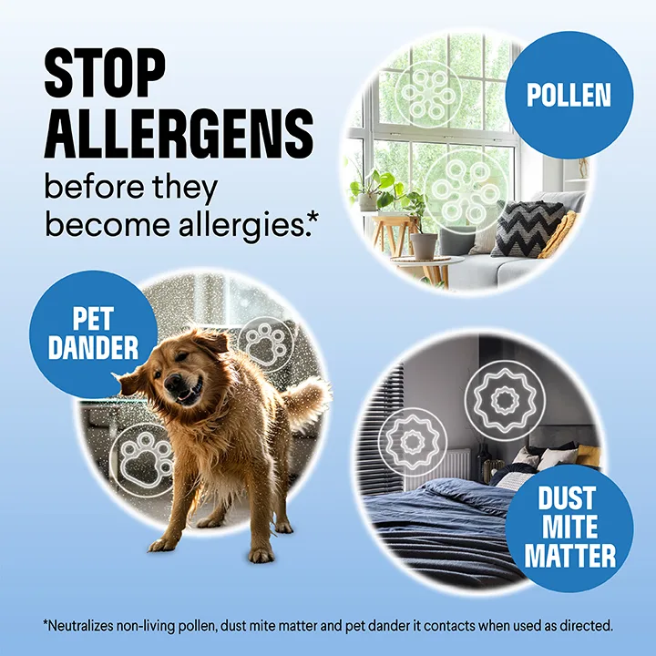 Stop allergens before they become allergies: images of a dog, dust mites and pollen