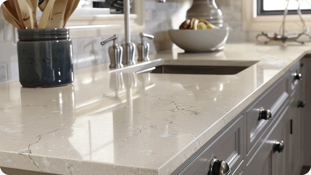 Quartz kitchen countertop with undermount sink and polished light stone surface