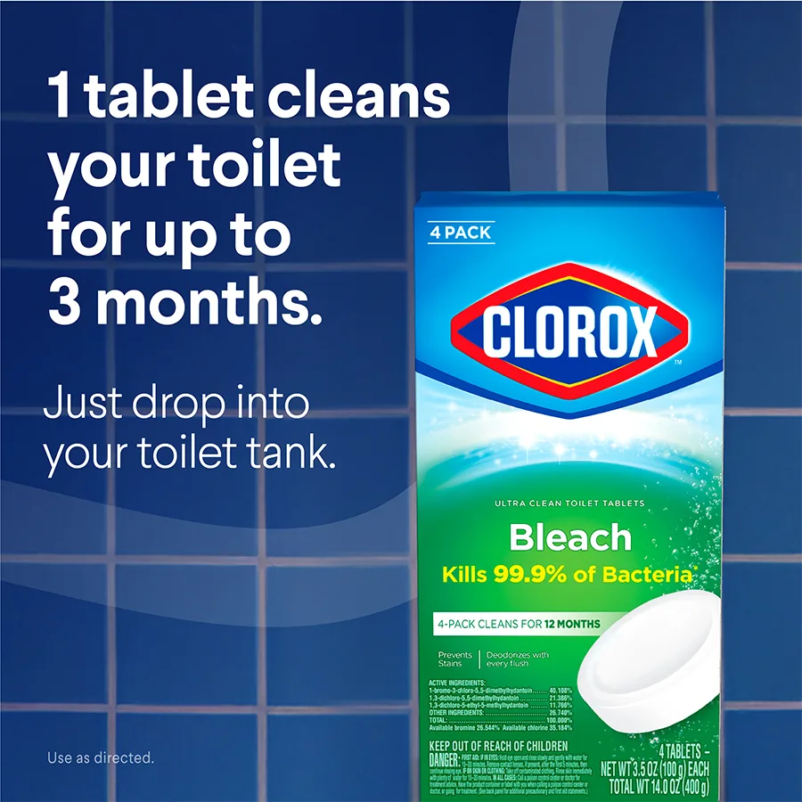 1 tablet cleans your toilet up to 3 months: box of automatic toilet bowl cleaner on a blue tile background