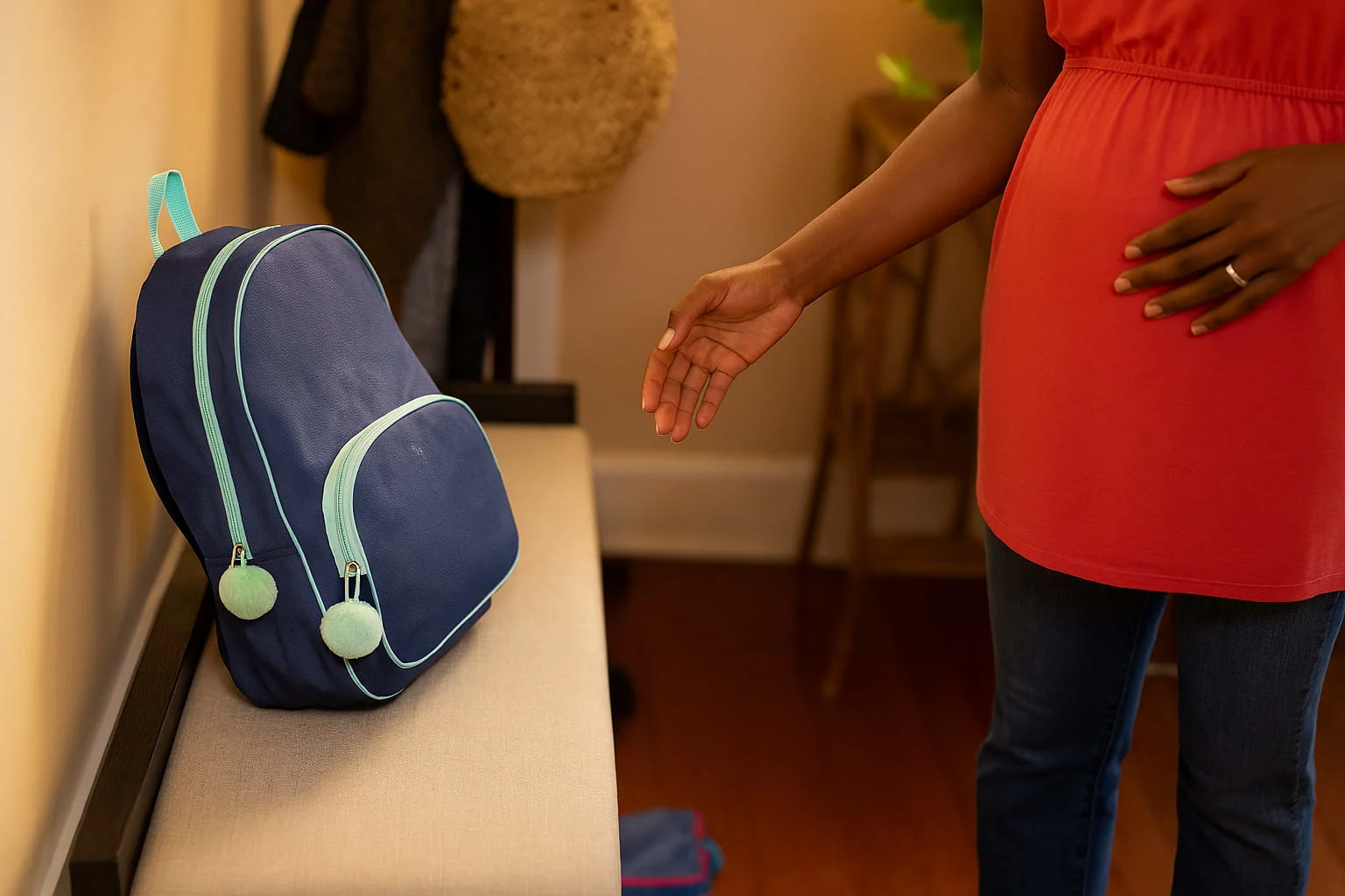 Persona con una camisa roja y una mochila azul marino que está en un banco de entrada