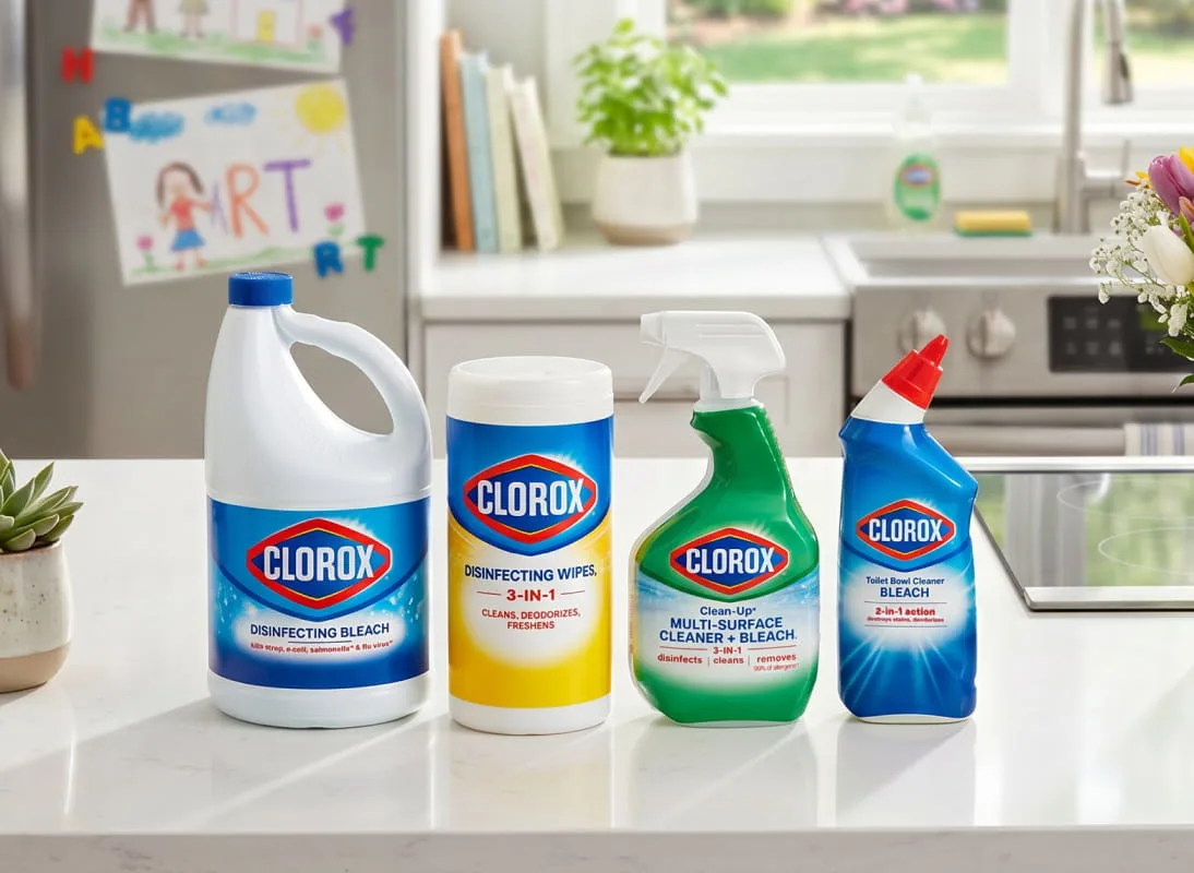 Four Clorox cleaning products including bleach, disinfecting wipes, multi-surface cleaner, and toilet bowl cleaner on kitchen counter.