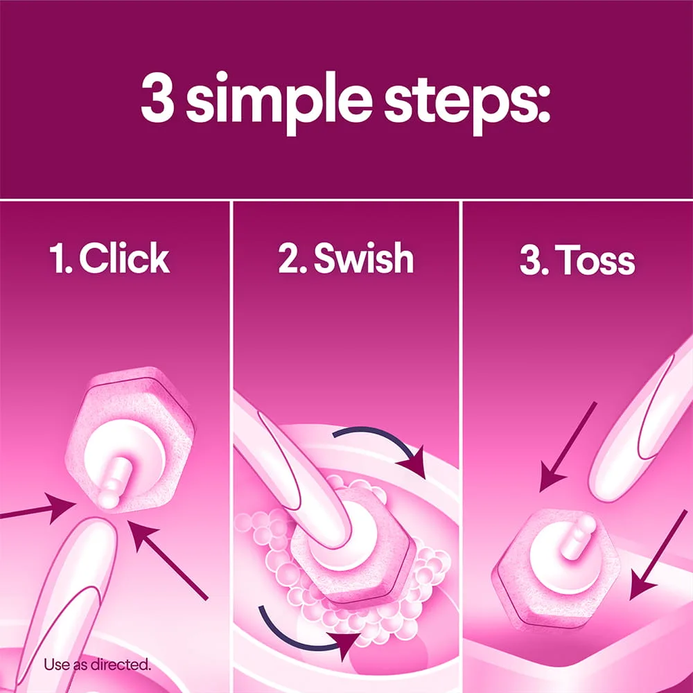 3 simple steps to using Scentiva toiletwand refills: Click, Swish, Toss