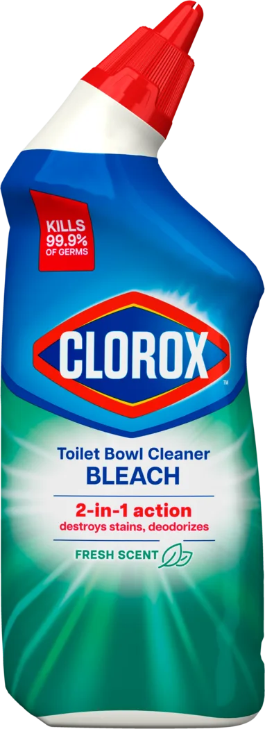 Botella con atomizador de limpiador de inodoro Clorox con blanqueador en aroma fresco con boquilla roja.
