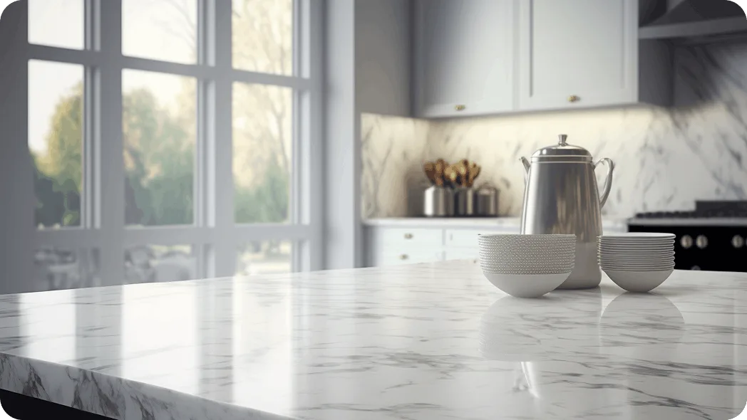 White marble kitchen countertop with subtle gray veining in a bright modern kitchen