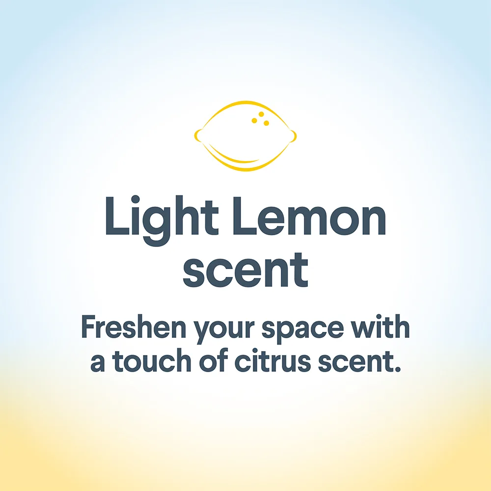 Las palabras "Aroma ligero a limón: refresca tu espacio con un toque de aroma cítrico" sobre un fondo azul claro y amarillo.