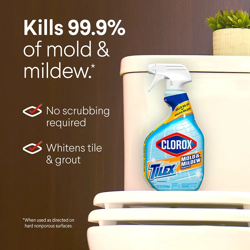 Tilex Mold & Mildew Removed on a toilet, brown background with the words Kills 99.9% of mold & mildew