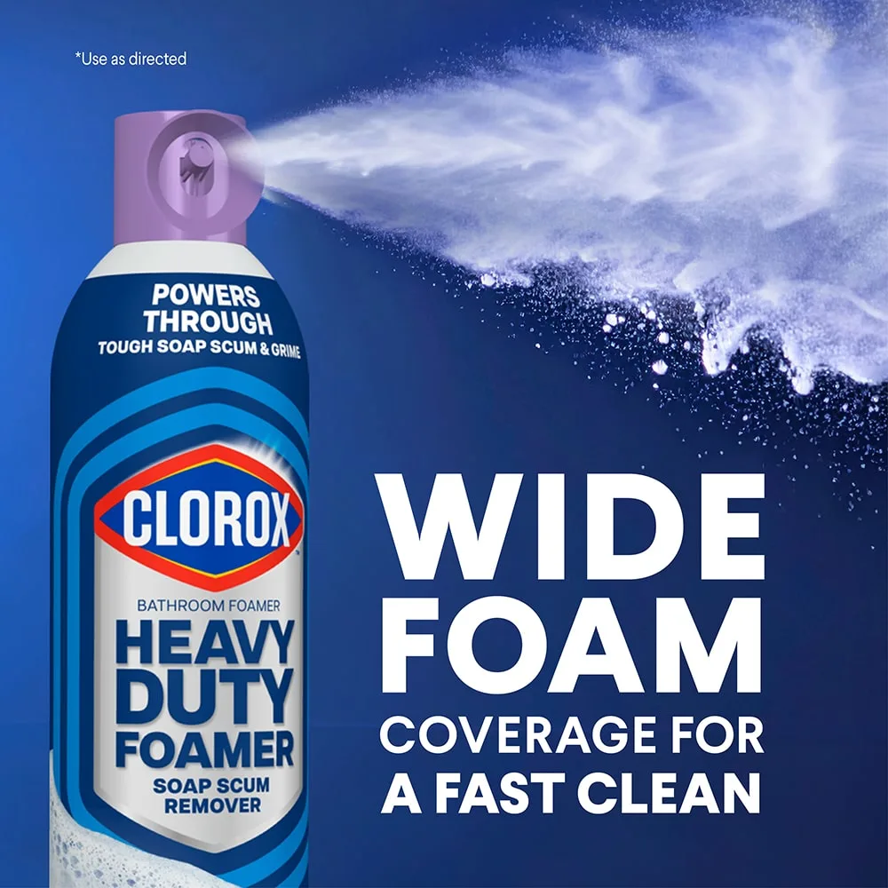 Foam coming out of a Heavy Duty Bathroom Foamer canister and the words "Wide Foam coverage for a fast clean"