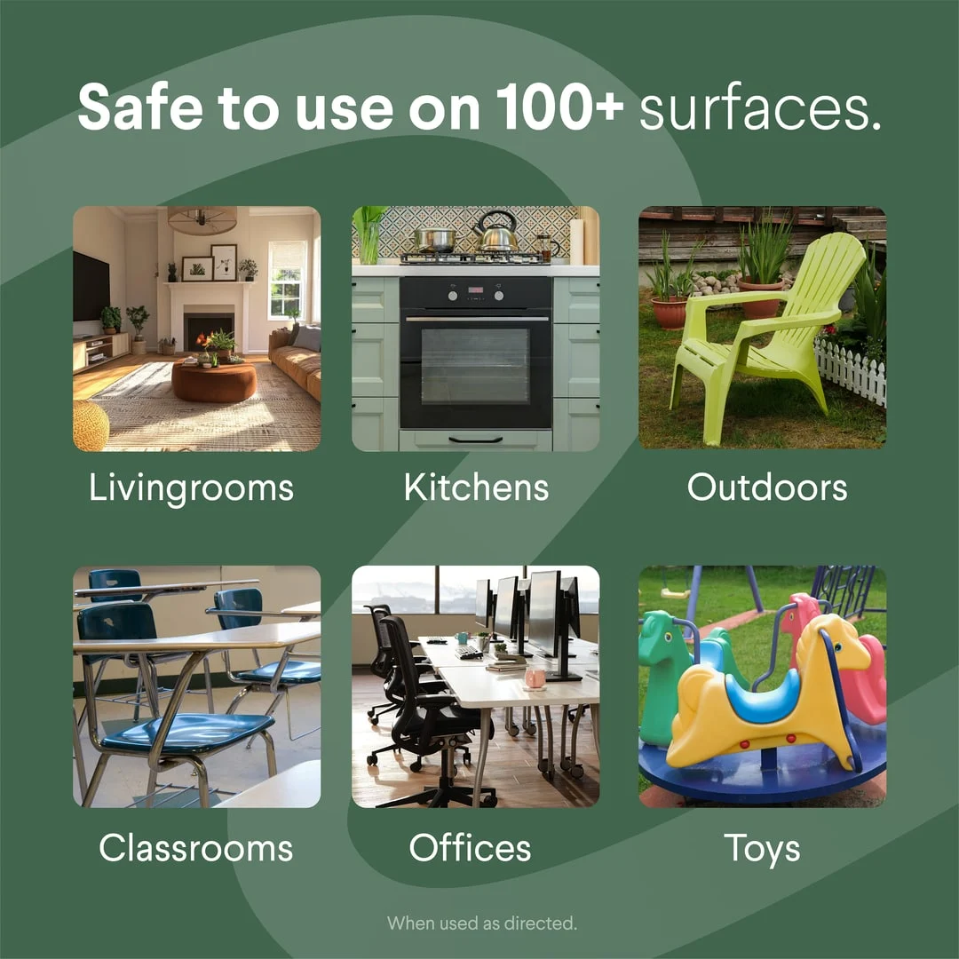 Safe to use on 100+ surfaces: thumbnails showing cleaning surfaces, including kitchens, classrooms