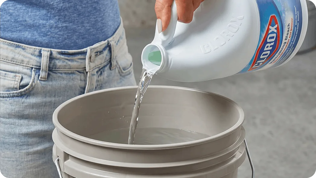 Blanqueador Clorox siendo vertido en un balde de agua para limpieza y desinfección del hogar.