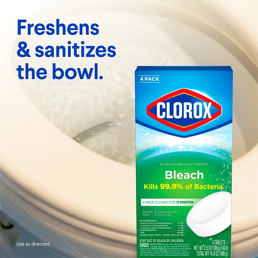 Freshens & sanitizes the bowl: box of automatic toilet bowl cleaner and a toilet in the background