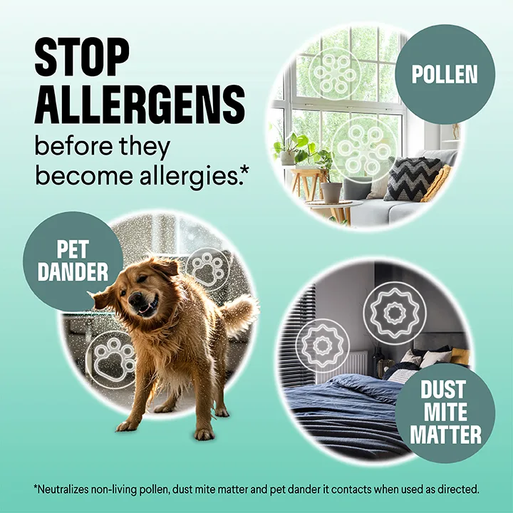 Stop allergens before they become allergies: images of a dog, dust mites and pollen