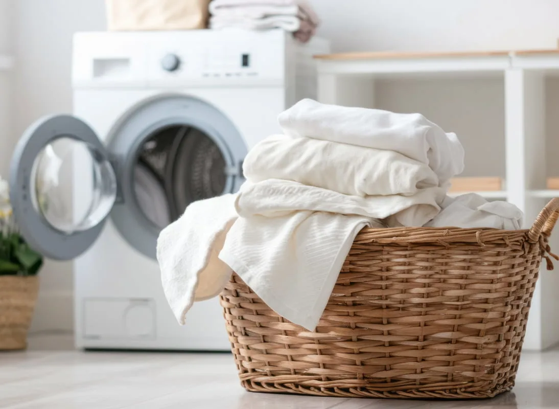 Wicker basket filled with folded white laundry in front of a white washing machine with open door in a bright laundry room.