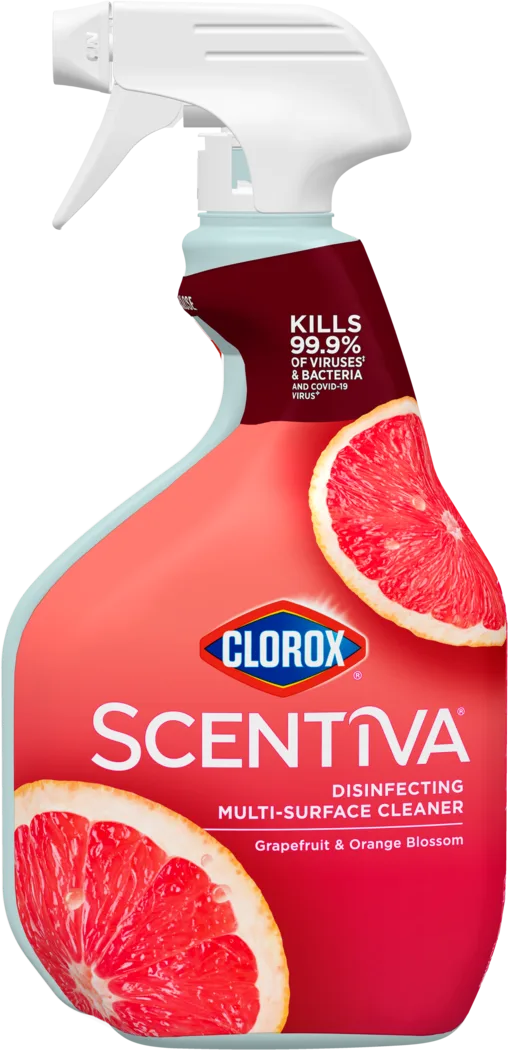 An orange spray bottle of Clorox™ Scentiva™ cleaner in the Grapefruit and Orange Blossom scent against a white background.