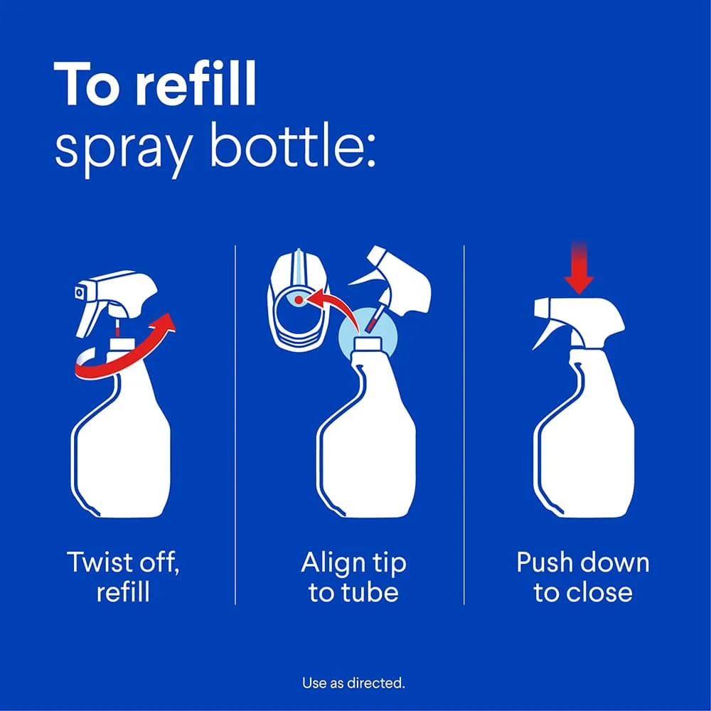 Instructions on how to refill spray bottle: twist of lid, align tip, push down to close