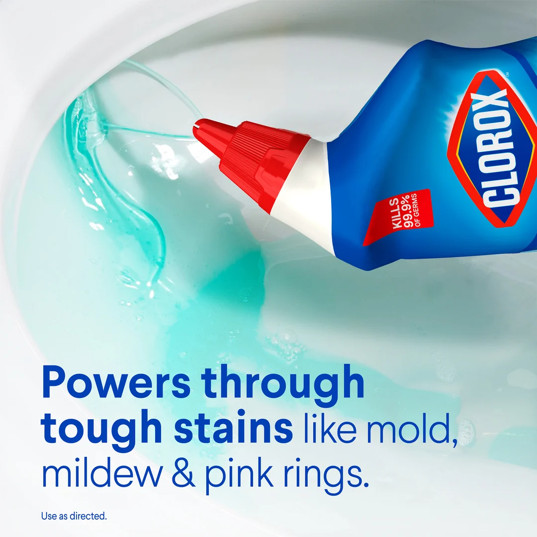 Squirting Clorox toilet bowl cleaner in toilet bowl, powers through tough stains.
