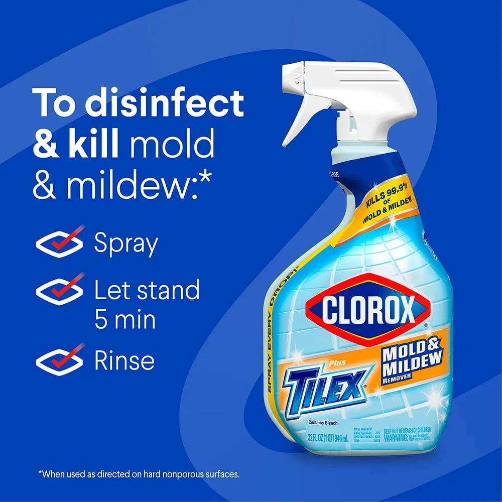 Spray bottle of Tilex Mold & Mildew, blue background with the words To disinfect & kill mold & mildew