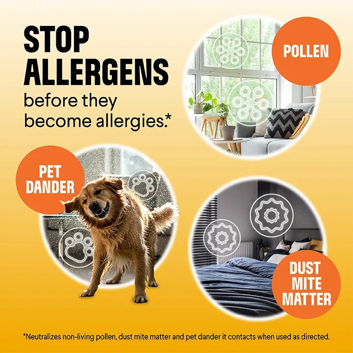 Stop allergens before they become allergies: images of a dog, dust mites and pollen