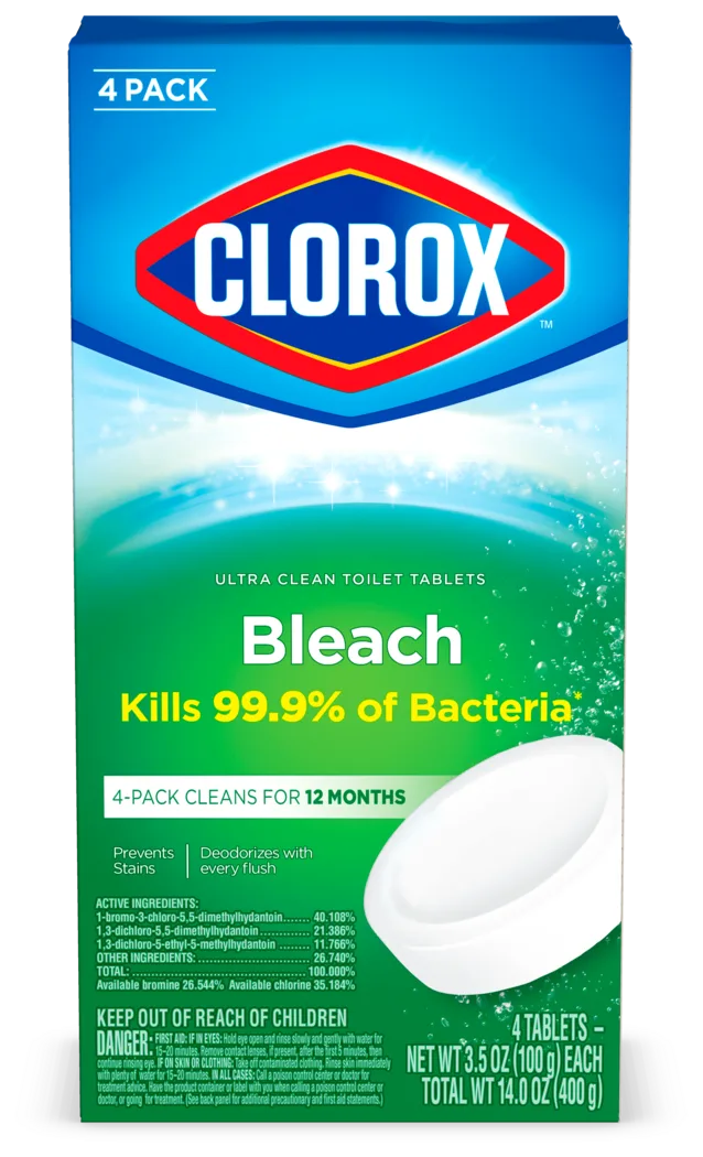 Caja de pastillas limpiadoras para inodoros automáticos Clorox con blanqueador.