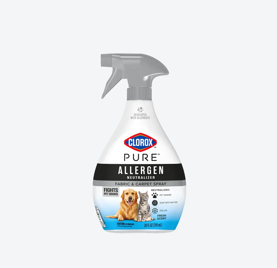 A spray bottle of Clorox™ PURE™ Pet Allergen Neutralizer Fabric & Carpet Spray Fresh scent