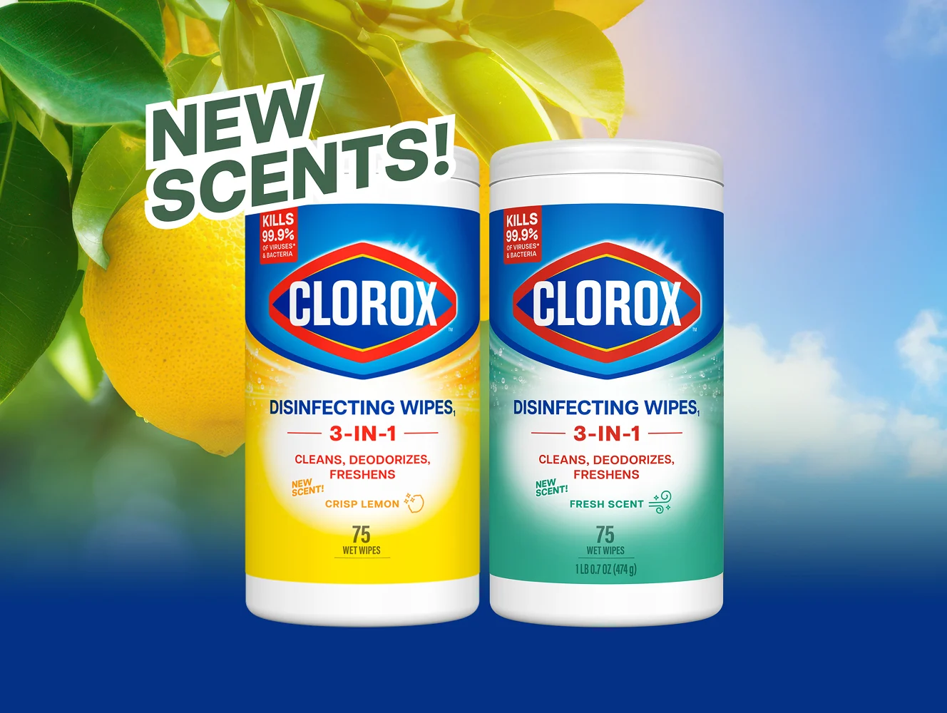 Two canisters of Clorox Disinfecting Wipes, new scents Crisp Lemon and Fresh Scent, on blue sky with lemon accents.