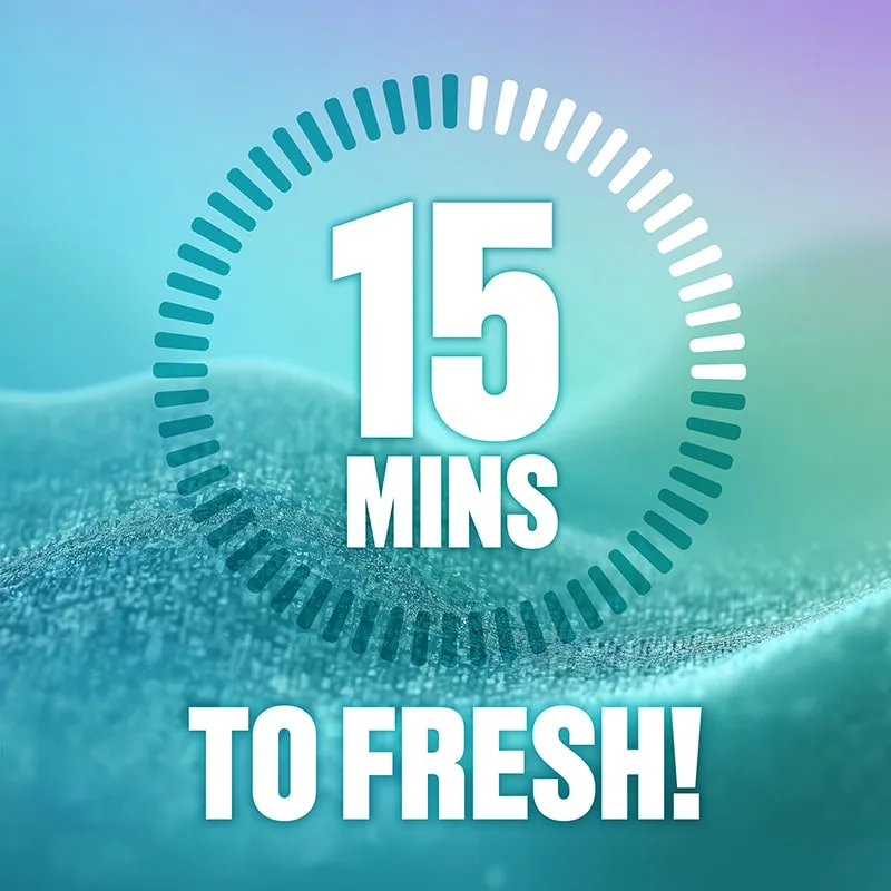 An illustrated timer with the words "15 minutes to fresh!" inside