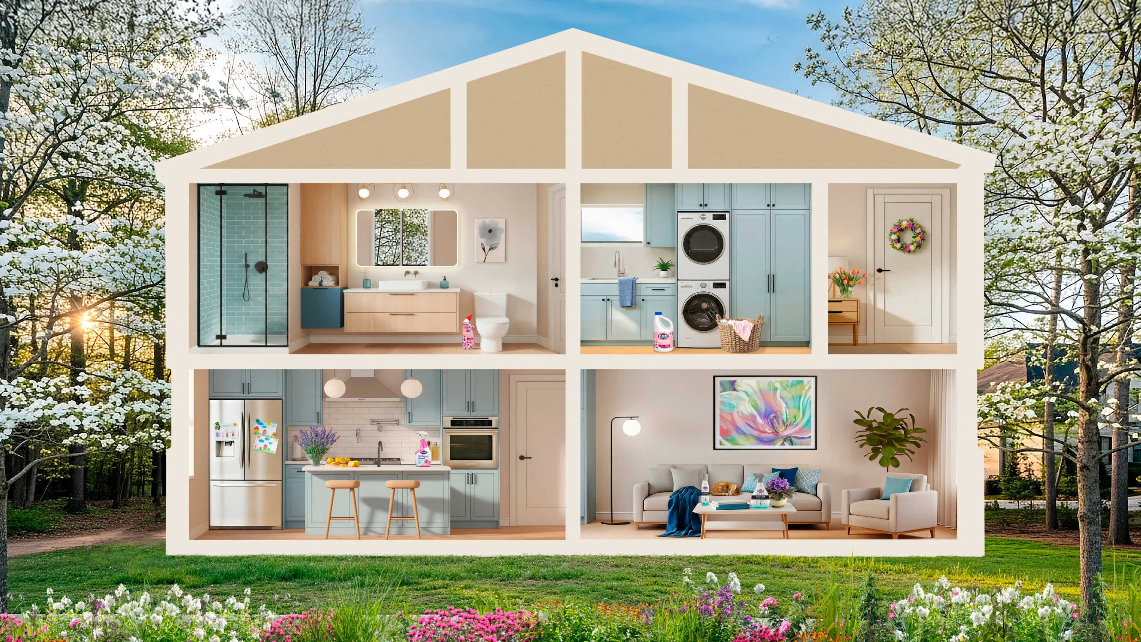 Cross-section of a house showing various rooms, such as a laundry room, bedroom, bathroom and kitchen
