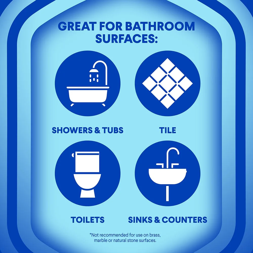 The words "Great for Bathroom Surfaces" with icons of various surfaces where the product can be used, including showers and tile
