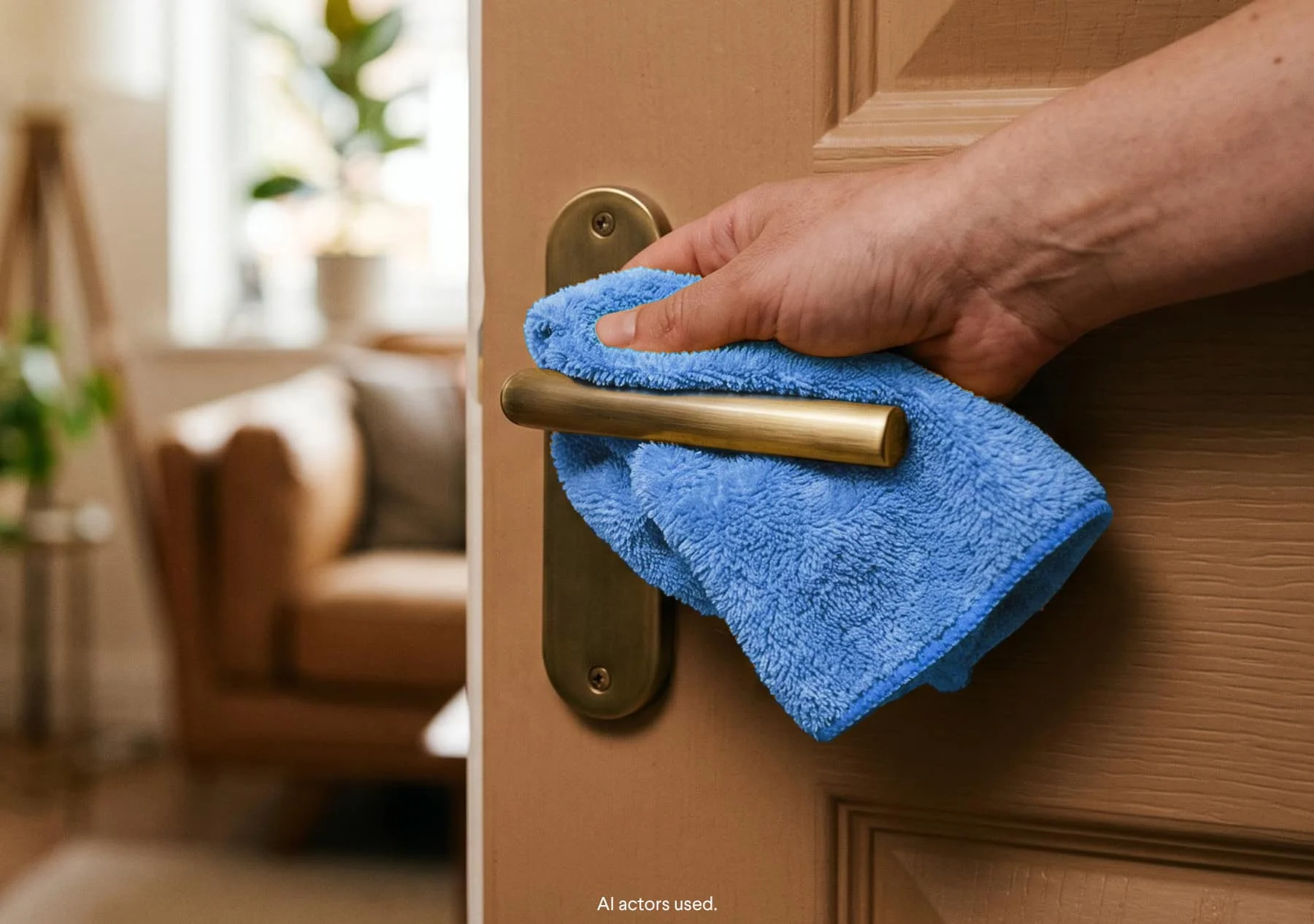 Person wiping down bedroom door handle with rag in hand