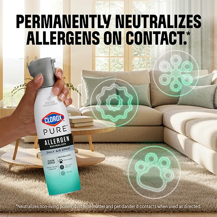 Permanently neutralizes allergens on contact: PURE Allergen Spray bottle with illustrated allergens flowating around a living room
