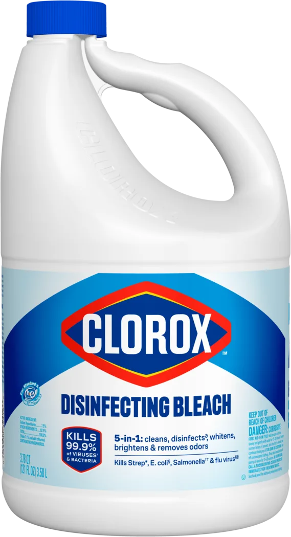 White plastic jug of Clorox Disinfecting Bleach with blue cap and blue and red diamond logo on label