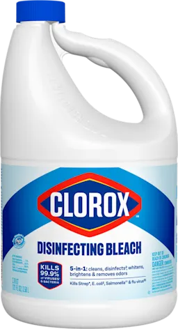White plastic jug of Clorox Disinfecting Bleach with blue cap and blue and red diamond logo on label
