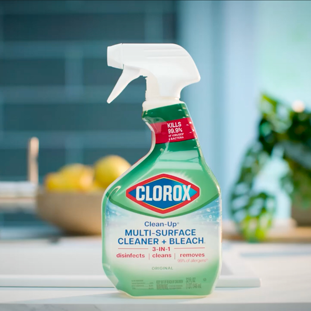 A spray bottle of Clorox Clean-Up on a kitchen counter