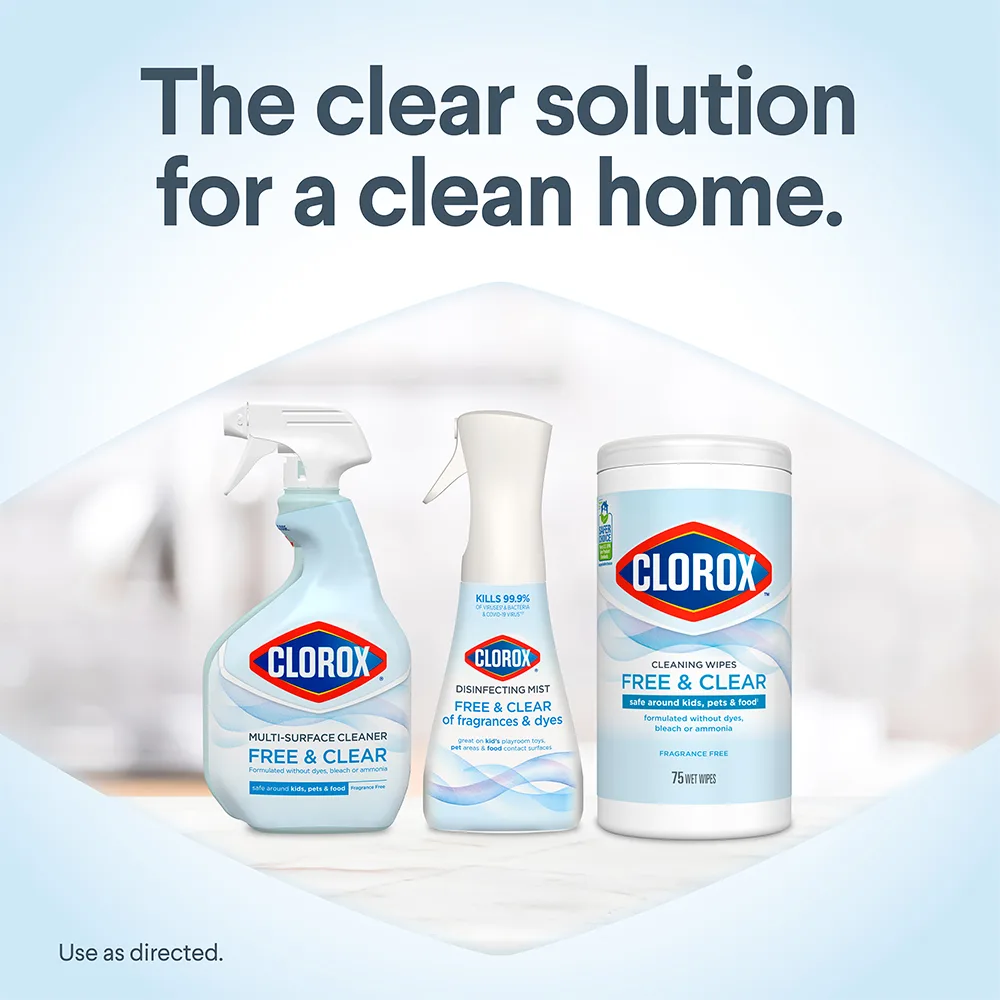 Línea familiar de productos Free & Clear con la frase «La solución transparente para un hogar limpio» sobre un fondo azul claro.