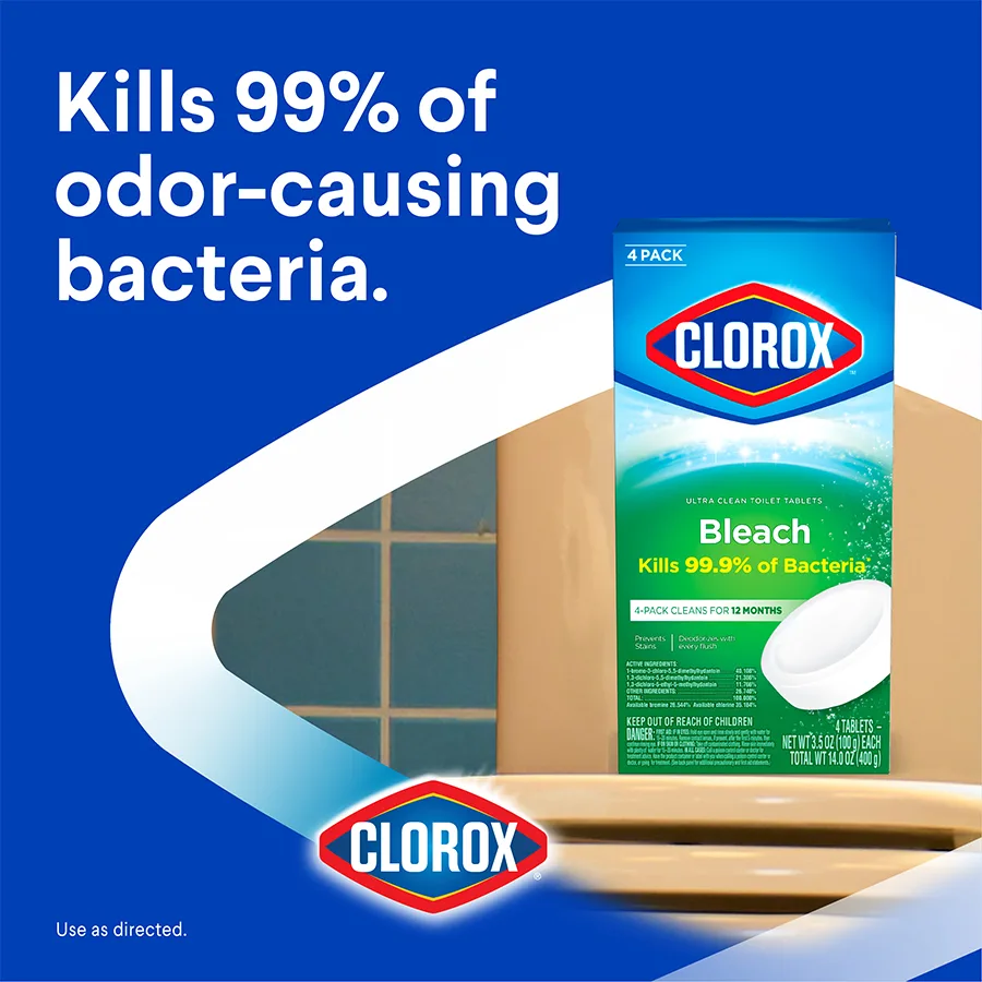 Kills 99% of odor-causing bacteria, box of automatic toilet bowl clean with a chevron on a blue background
