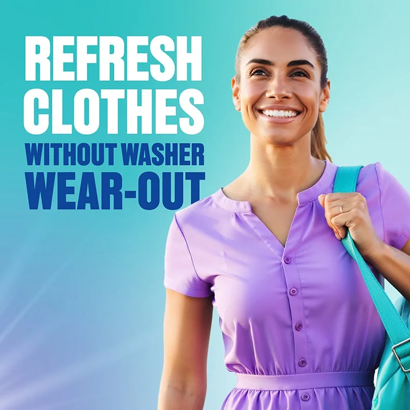 The words "Refresh Clothes without Washer Wear-Out" next to a smiling woman in a lavender dress