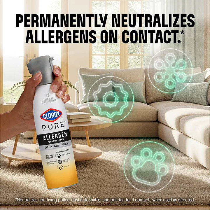 Permanently neutralizes allergens on contact: PURE Allergen Spray bottle with illustrated allergens floating around a living room