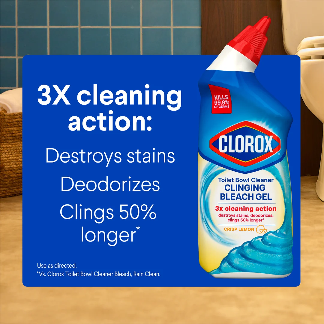 Squirt bottle of Clorox toilet cleaner bleach gel, lemon, 3x cleaning action: destroys stains, deodorizes, clings 50% longer.